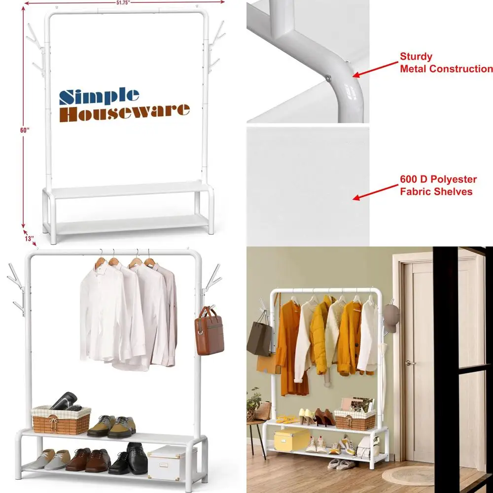 Cabideiro de Chão de 52 Polegadas com Prateleiras de Armazenamento e Ganchos para Casacos/Chapéus, Branco