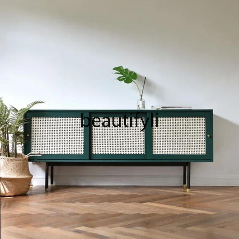 Nordic solid wood dining side, simple modern tea, living room TV cabinet, dark green rattan locker