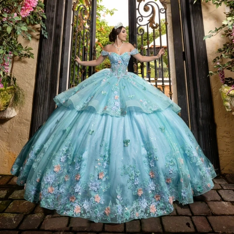 

Mexican Aqua Blue Quinceanera Dresses Ball Gown Beaded Lace Appliques Tull Sweet 16 Dress Princess Lace Up Vestido De 15 Anos