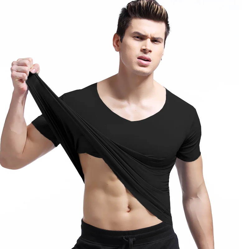 Tight half-sleeved T-shirt, thin solid-color men's seamless short-sleeved T-shirt, big V-neck base layer, slimming