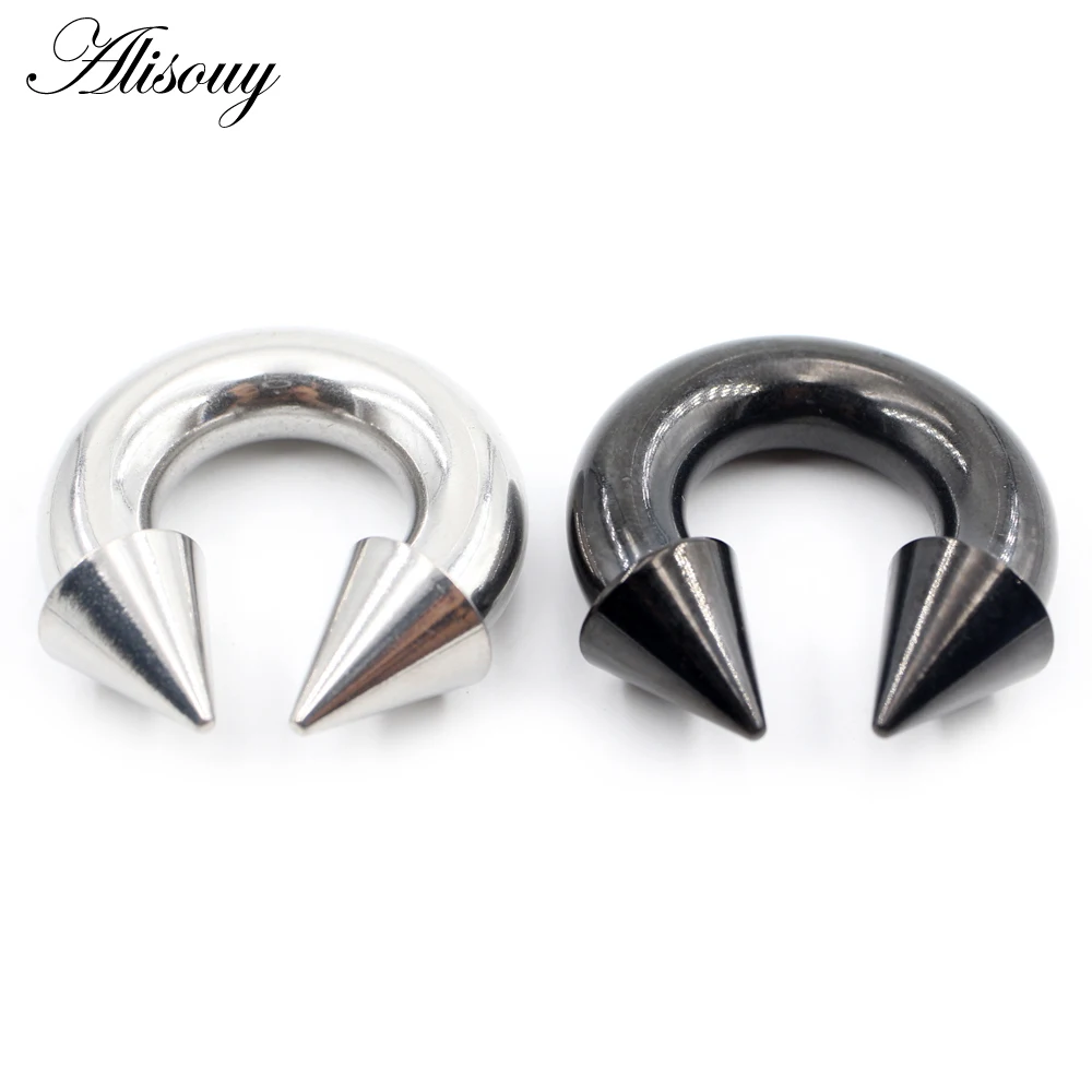 Alisouy 1PC Black Spike Horseshoe Nose Ring Stainelss Steel Cone Large Gauge Piercing Internal Threaded Septum Ear Expander Plug