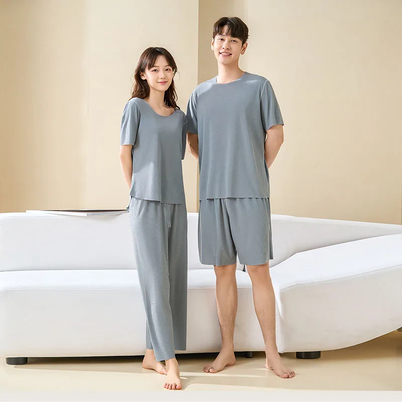 2 Piece Sets Summer Ice Silk Pajamas For Couples Plus Size Short Sleeve Lounge Wear For Women Casual O Neck Home Clothes For Men