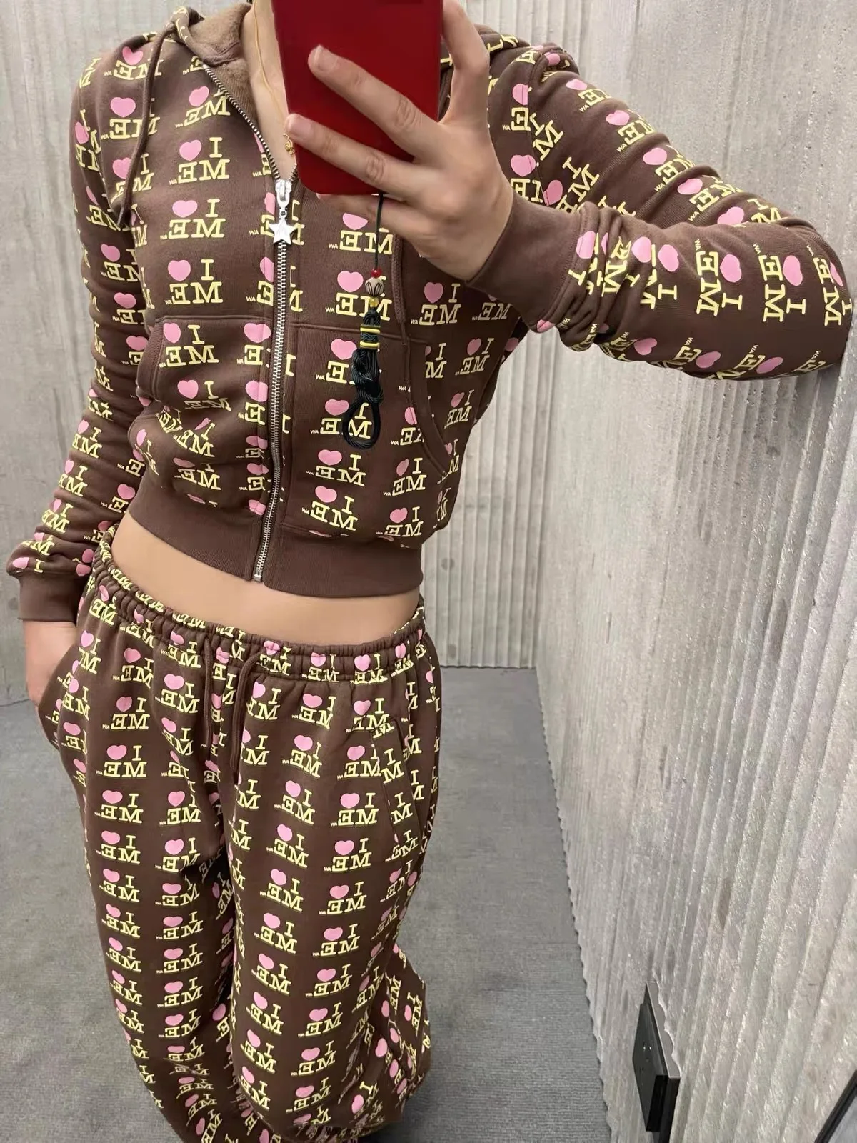 Love Letter Heart Print Slim Fit Zipper Hoodie Jacket Short Pants Set Casual Style Cotton Material Youthful And Wear Resistant