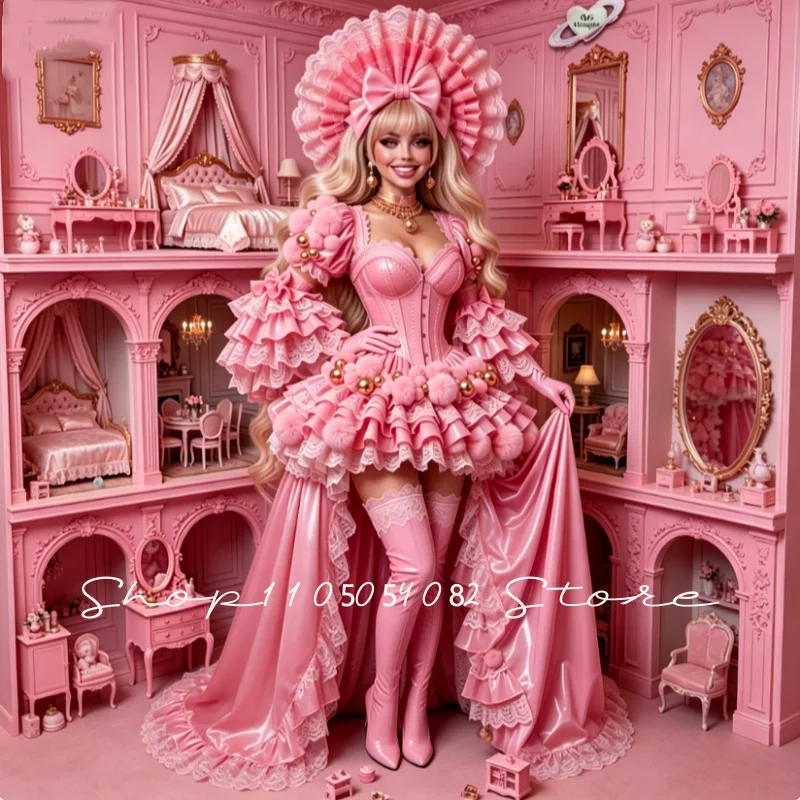 Pink Victorian Prom Dress High/Low Sweetheart Neck Corset Rococo Lace Ruffled Special Occasion Evening Dress Customized