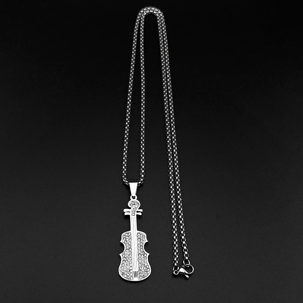 Vollständig mit Strass Besetzte Geigen-Anhänger-Halskette für Damen und Herren, Edelstahl in Goldfarbe, Klassische Musikliebhaber-Modekette, Schmuckgeschenk – Detail 4