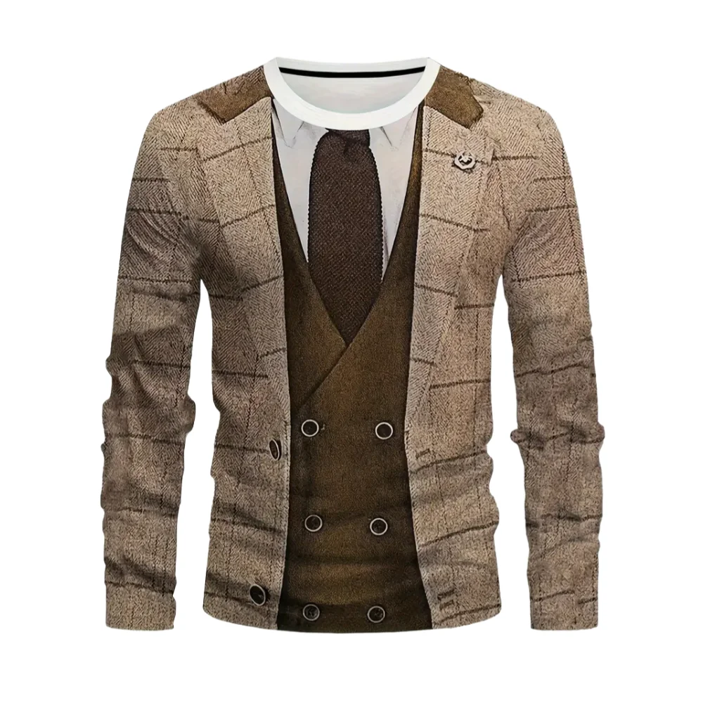 تي شيرت بدلة واقعية سهرة ثلاثية الأبعاد طباعة الرجال كم طويل تي شيرت قمة الموضة غير رسمية البلوز تنفس الشارع الشهير تأثيري الملابس