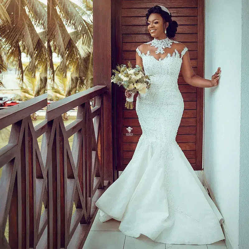 

Customized Plus Size Mermaid Wedding Dresses Bridal Gowns Crystal High Neck Vintage Tulle Lace Appliques Country Africa Dress