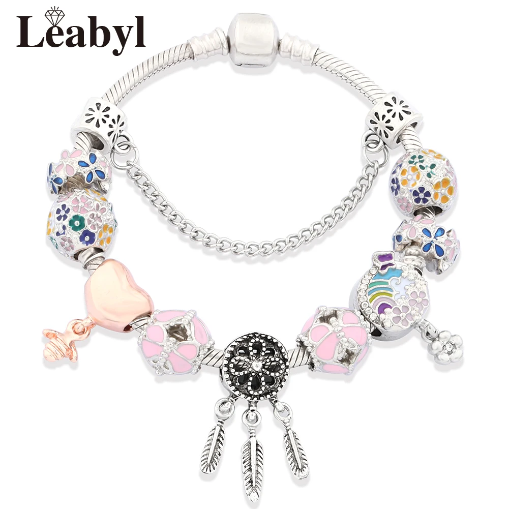 MIX Style Pink Flower Heart Charm Bracelets Trendy Pink Crystal Bead Bracelet Lovely Plant Animal Jewelry for Women Girl Gift