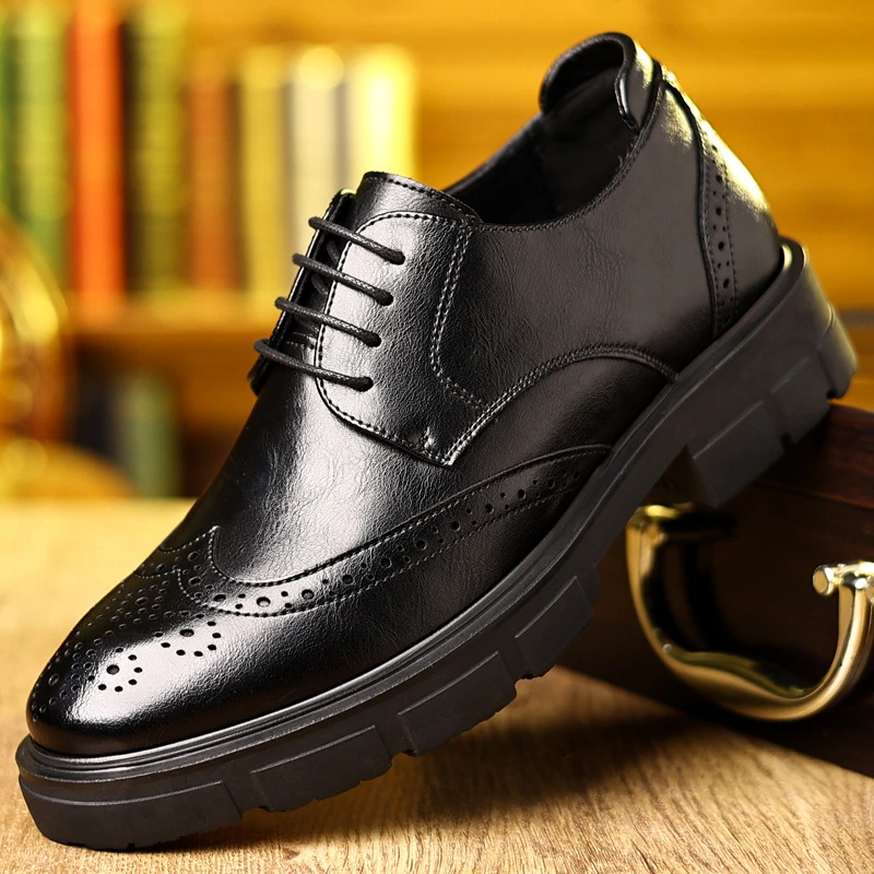 British Style Black Vintage Leather Brogue Carved Oxfords Chunky Platform Lace Up Formal Business Office Groom Wedding Shoes