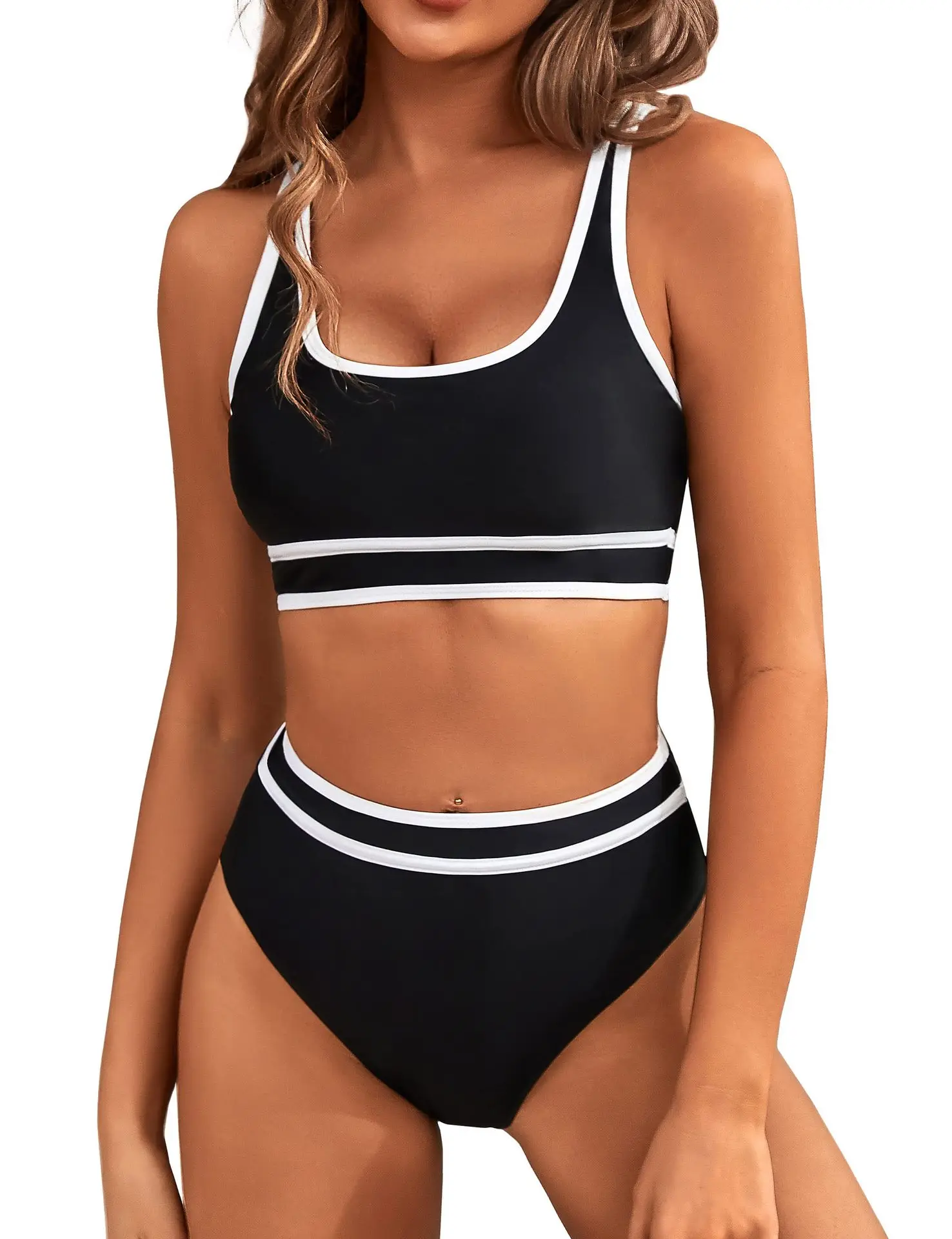 Women\'s High Waisted Bikini Sets 2024 New Sporty Two Piece Swimsuits Color Block Cheeky High Cut Bathing Suits Summer Biquini