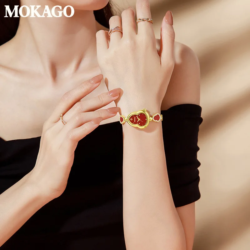 Luxury Gourd Quartz Watch Women New Chinese Style Mother of Pearl Dial Copper Bracelet Waterproof Wristwatch Small Clock Gift