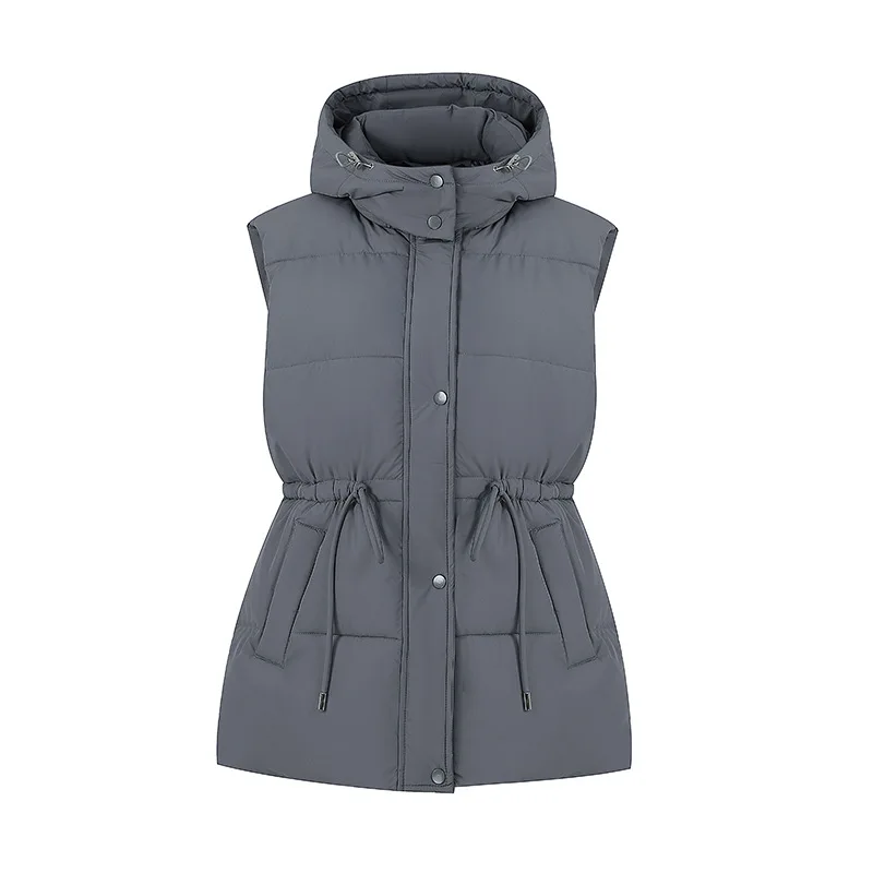 PinkyIsBlack 2025 New Autumn Hooded Drawstring Mid-length Winter Vest Women's Cotton Padded Jacket Coat Solid Casual Outwear