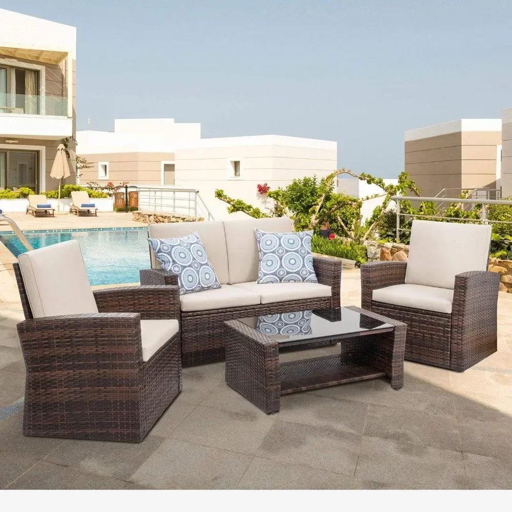 Outdoor Patio Furniture 4 Piece Set, Wicker Rattan Sectional Sofa Couch with Glass Coffee Table | Brown