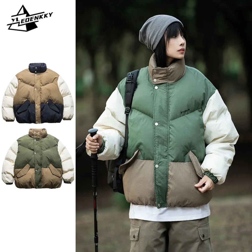 

Yama Style Cotton Coat Men Women Stand Collar Patchwork Loose Parka Vintage Thickened Warm Cargo Bread Jacket Winter Couple Tops