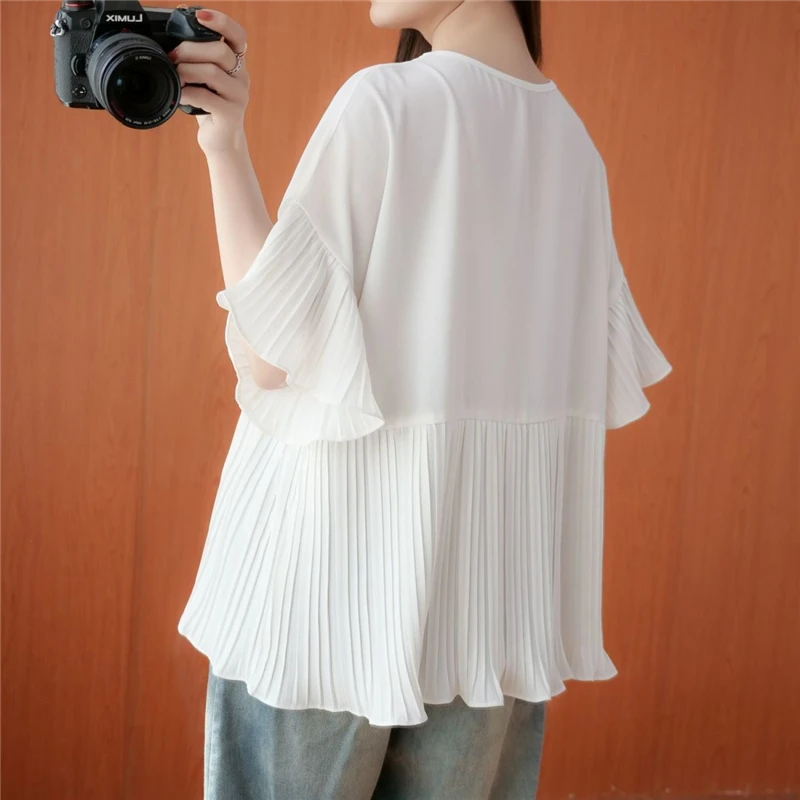 Women Ruffled Lace Patchwork Black White Oversized Blouses Summer Trendy Round Neck Short Sleeve Shirts Simple Casual Tops Ropa