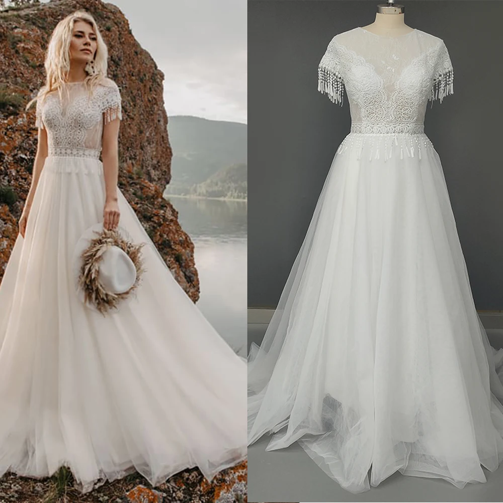 Boêmio barco pescoço renda borla elopement vestido de casamento tule uma linha mangas curtas sem costas personalizado boho praia vestidos de noiva