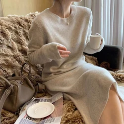 Women's Simple Round Neck Pure Cashmere Knit Dress, Knee-High Coat, Long Sweater Skirt, Autumn and Winter, New