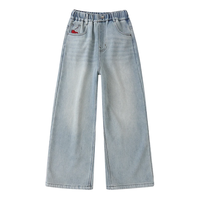 الخريف الشتاء في سن المراهقة الفتيات أفخم الجينز الصغار جيب المطرزة الدنيم بنطال ذو قصة أرجل واسعة 4 6 8 10-14 الطفل السراويل المخملية سميكة #6