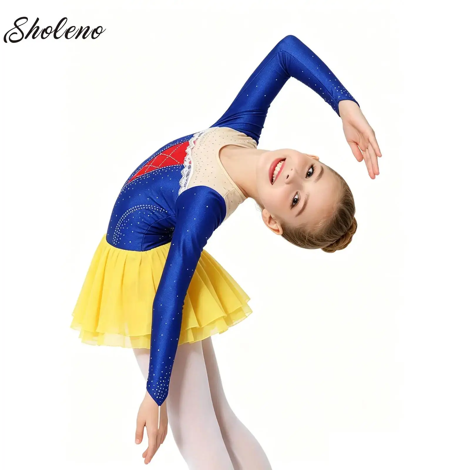 Kids Girls Modern Dancewear Figure Skating Dance Dress Ballet Lyrical Gymnastics Leotard Long Sleeve Cartoon Princess Clothe