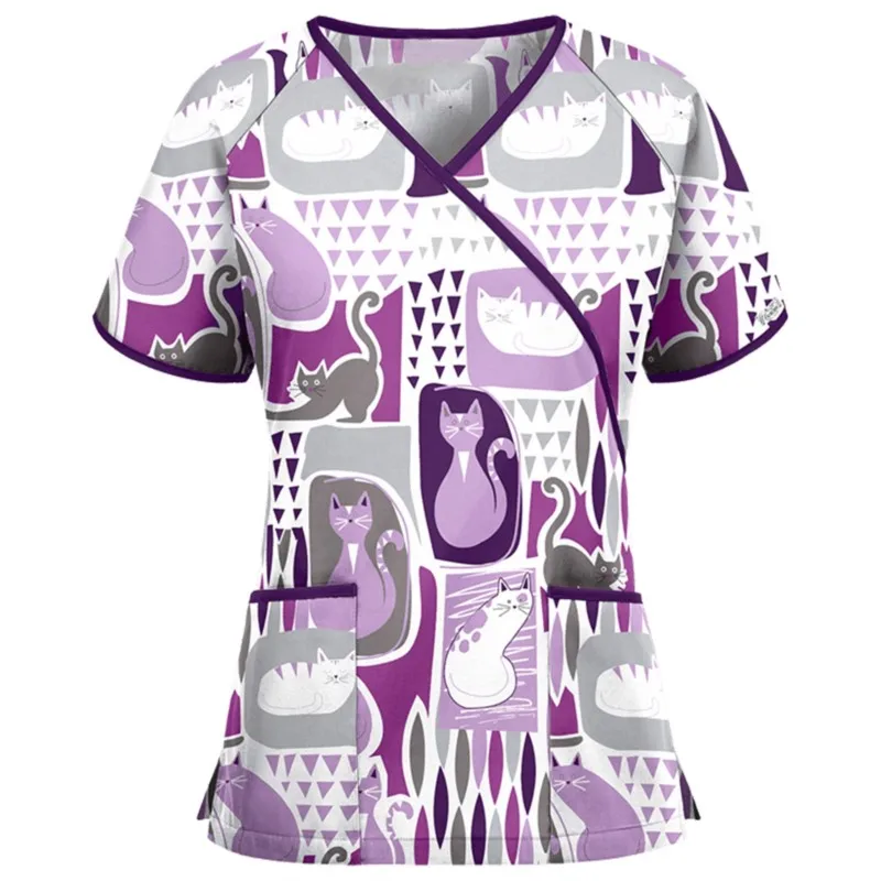 Desenhos animados das mulheres Animal Print Scrub Top, Manga Curta, Decote V, Uniformes de Enfermeira, Camisas Para Salão De Beleza, Uniforme De Trabalho, Vestuário De Trabalho, Cuidador