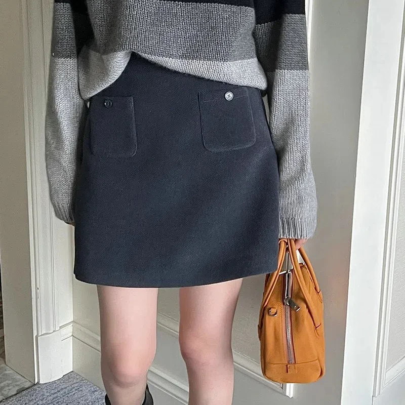 

Korean Fashion Autumn Winter Women Woolen Solid Pockets Zipper Simplicity Office Lady Chic High Waist Short Slim A-line Skirts