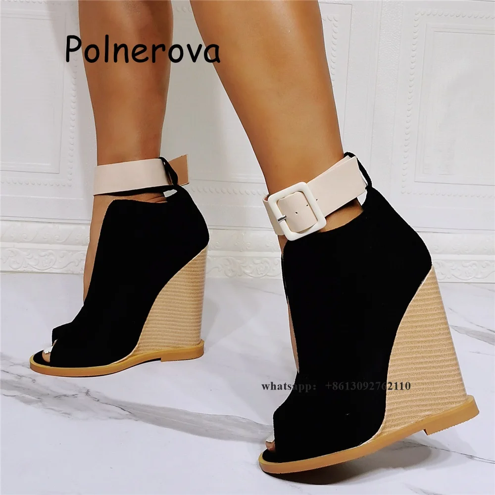 

Black Peep Toe Sandals Belt Buckle Wedges Women's Shoes Summer Sexy Elegant One Word Belt Fashion Large Size Ladies Sandals