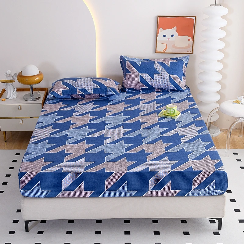 Blue Irregular Geometric Pattern Fitted Sheet Set, Soft Skin-friendly Bedding with Pillowcases, Bedroom Bed Cover for Adult Kid