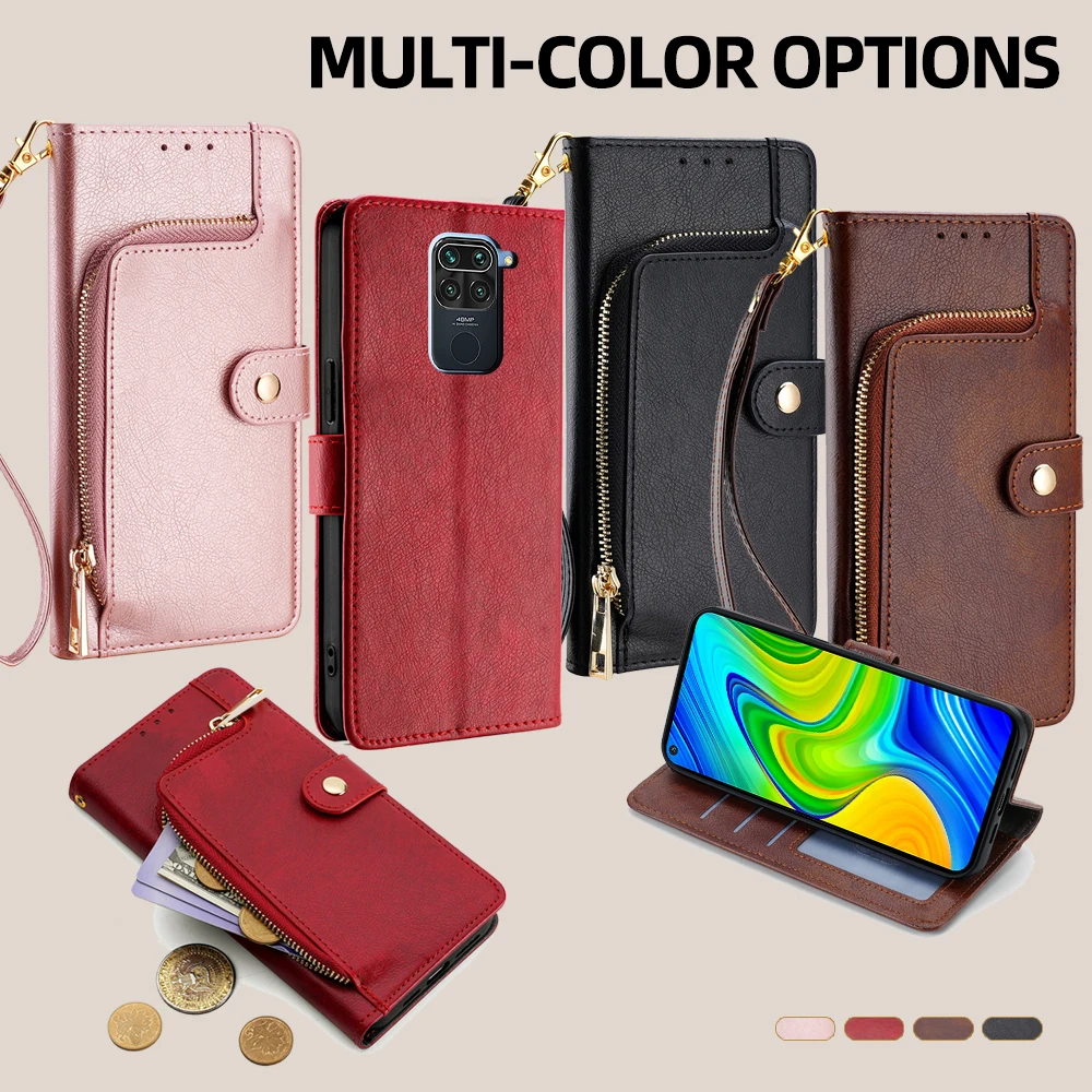 Card Slots Leather Flip Phone Case for Xiaomi Redmi 9A 9AT 9C A1 A2 Plus Note 9T 9S 9 Pro Max Prime Zipper Wallet Case Lanyard