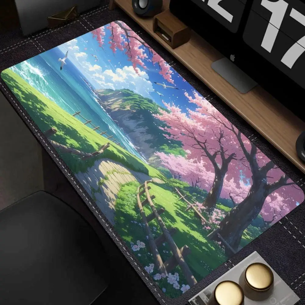 Minimalist Mountain Forest Landscape Mouse Pad, Large Extended Desk Mat, Layered Blue Mountain Art, Non-Slip Rubber Keyboard Mat