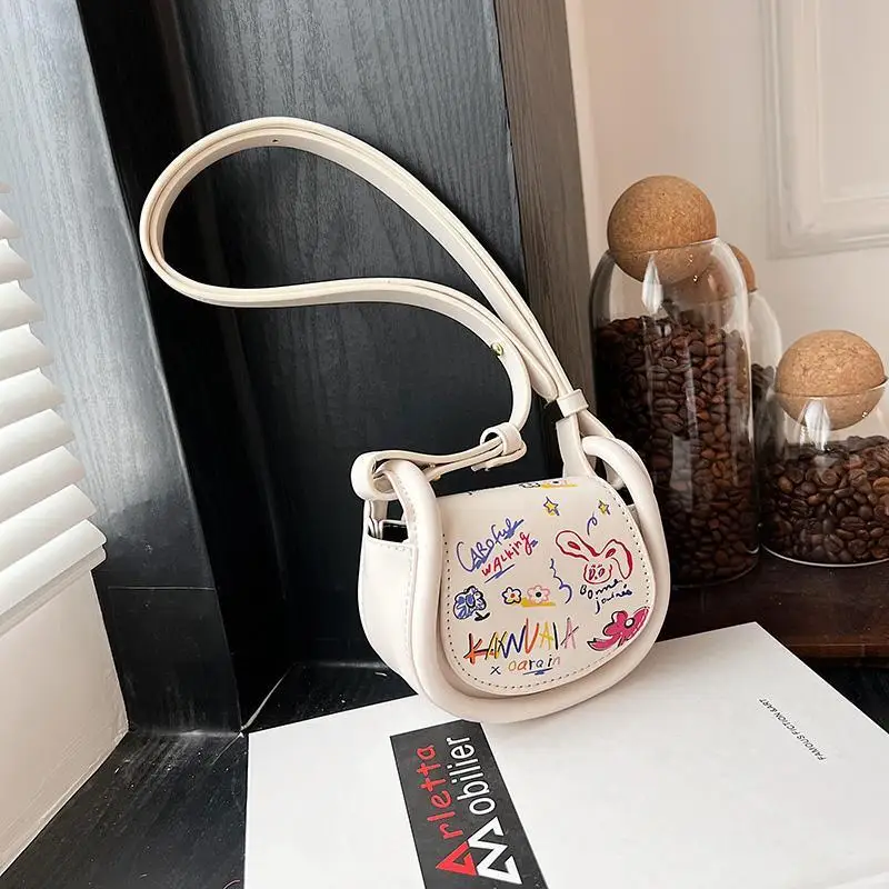 Black Whit Sliver Rabbit Letter Cute Graffiti Doodle Mini Saddle Bag Cartoon Bunny Crossbody Purse Top Handle Handbag for Girls