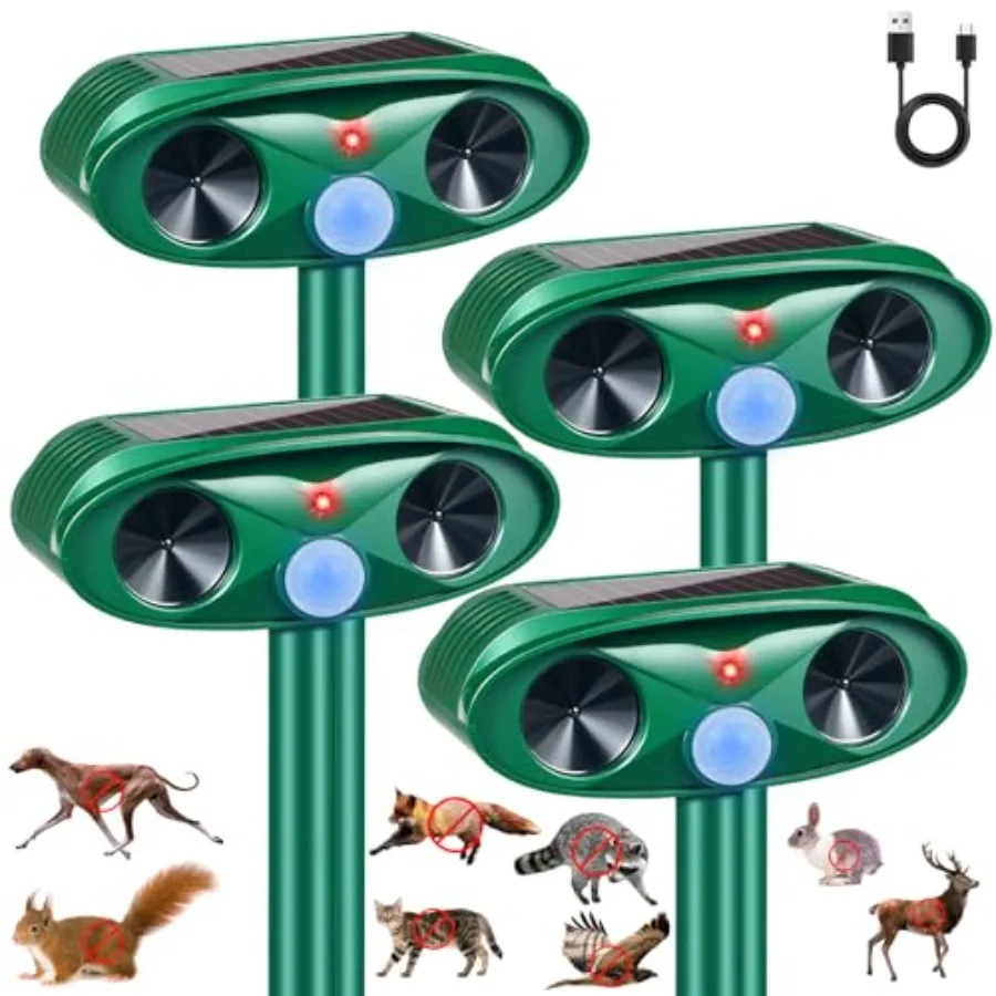Outdoor solar animal repellent for yard/garden: ultrasonic sonic fortress pro, ABS plastic, black, 4-pack with motion sensor we