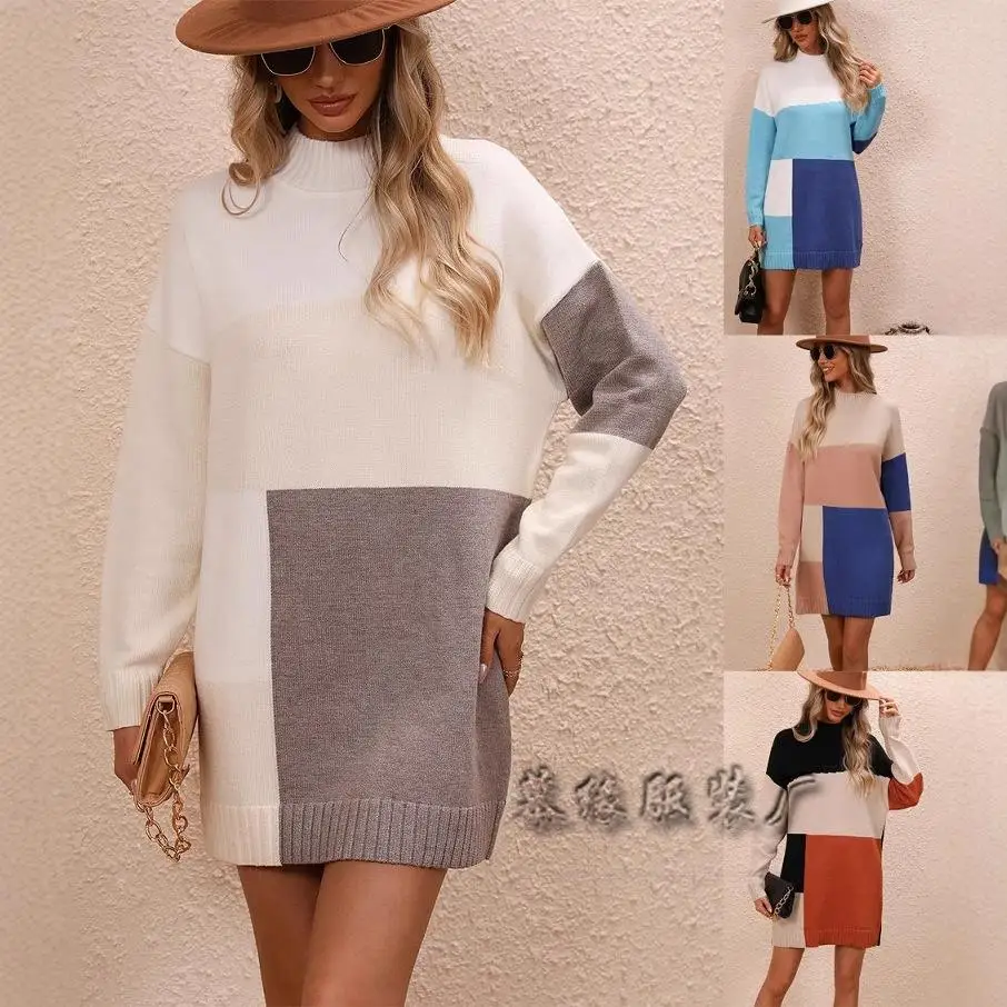 

Autumn Winter Color Blo Long Knitted Dr round Ne Women's Clothing plus Size Sweater Gown Faionable Casual Outfit