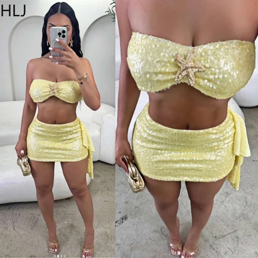 

HLJ Summer New Holiday Sequin Mini Skirts Two Piece Sets Women Off Shoulder Slim Crop Top And Skirts Outfits Fashion Beachwear