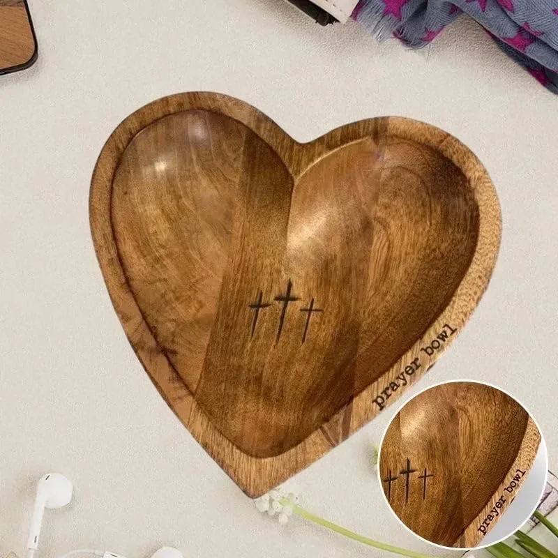 Wooden Heart Prayer Bowl Religious Crucifix Bowl Rustic Home Decor Fruit Plate Kitchen Tableware Storage Tray Religious Gift