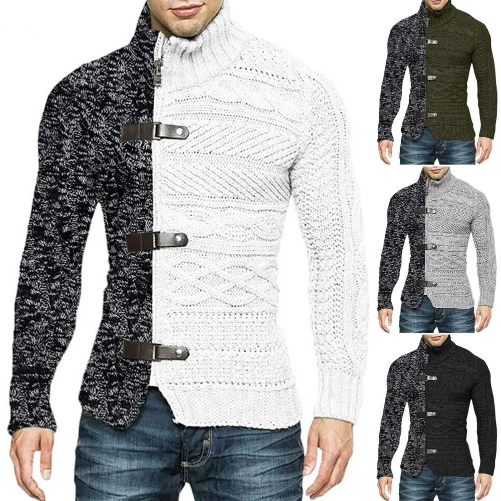 

Asymmetric High Collar Men Sweater Coat Zipper Buckle Contrast Color Men Knitted Sweater Neck Protection Autumn Sweater Pullover