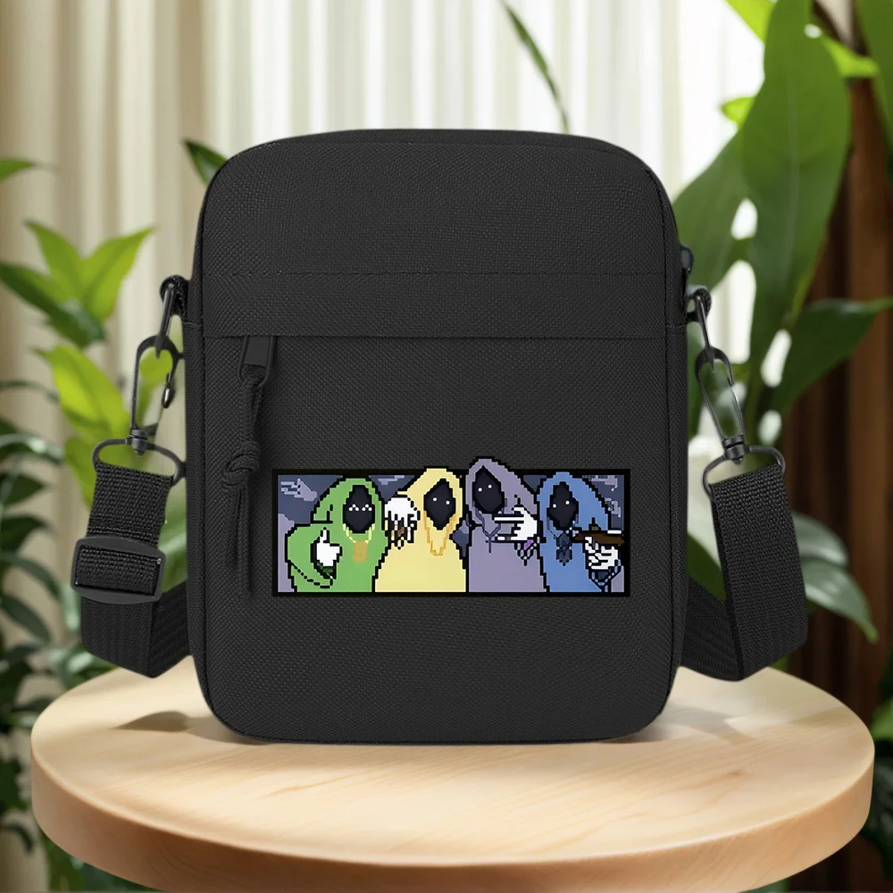 Cloaked figures holding weapons,pixelated faces Men Crossbody Bag Single Shoulder Women Cartoon Anime Film Printing Design Unise