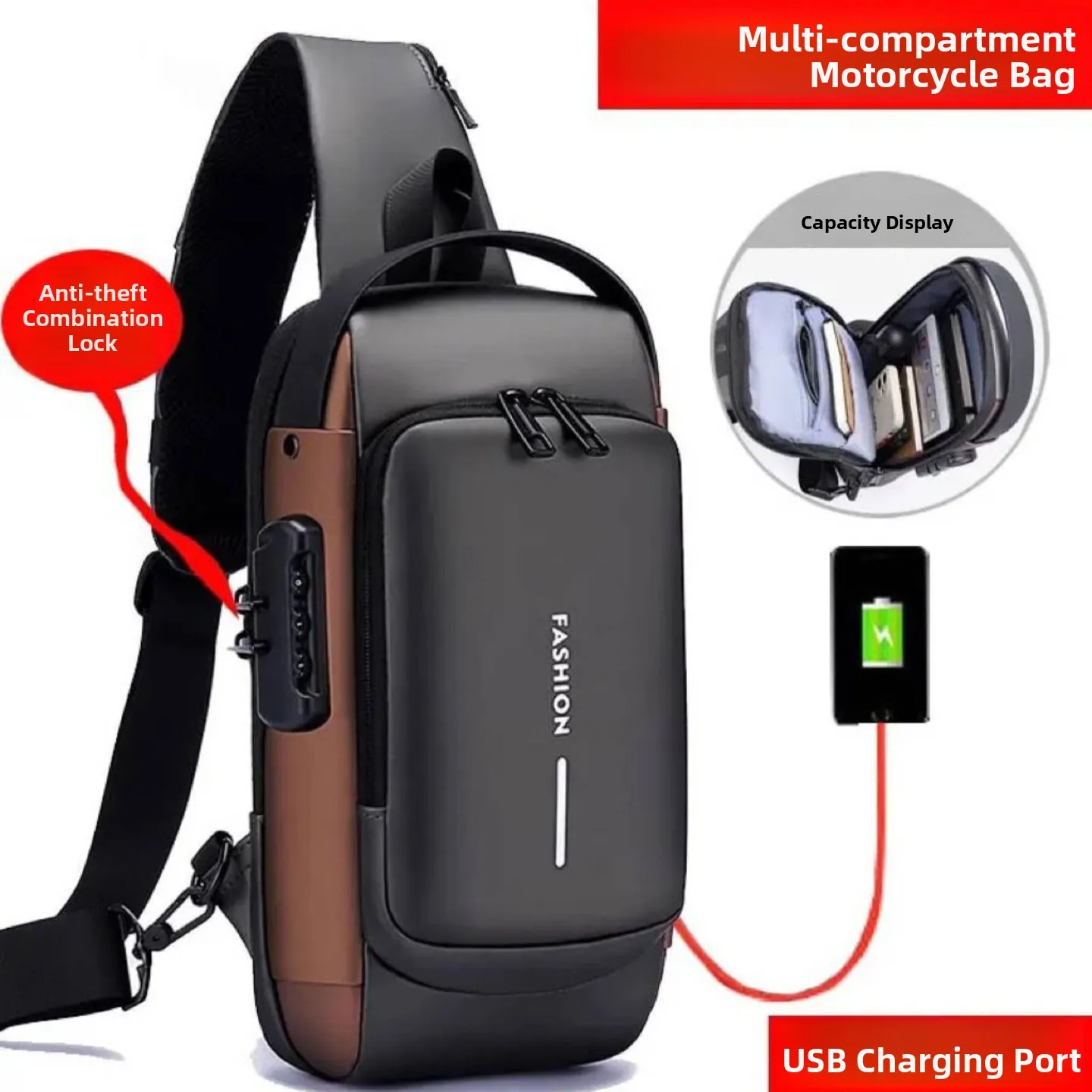 Secure Motorcycle Bag Men's Crossbody Bag Anti-Theft Lock Design Casual Leisure Style Polyester  Zipper Closure