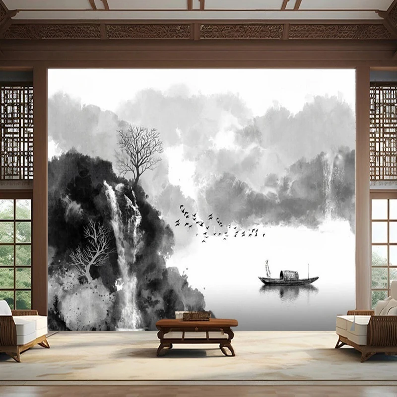 Modern High-Definition Hand-Drawn Zen-Inspired New Chinese-Style Ink-Wash Landscape Silhouette Art Decoration For TV Background