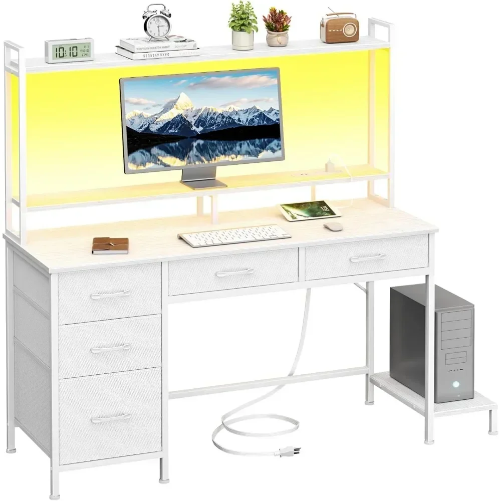 

Hot salescomputer gaming desk with hutch, home office desk with power outlets, led light, 5 storage drawers, 2 tiers shelves for