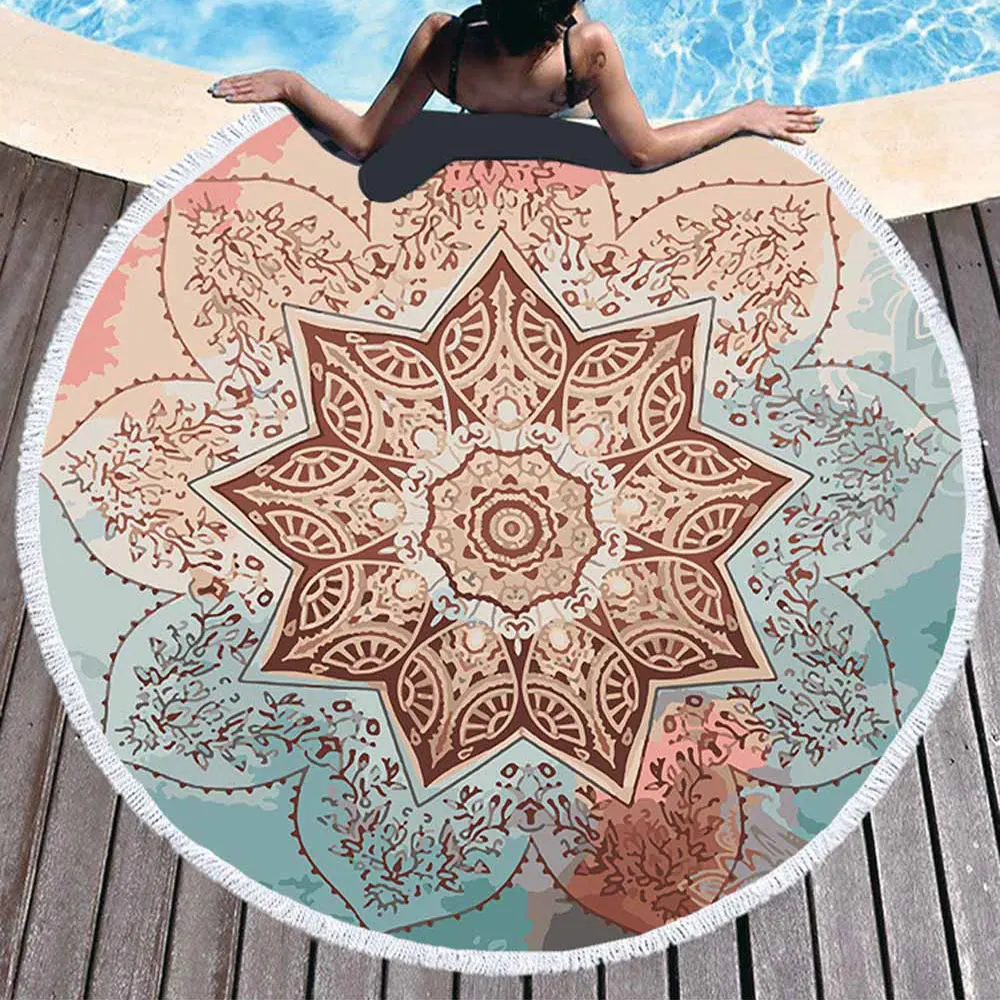 Lotus Mandala Round Beach Towel Microfiber Water-absorbent Sea Beach Yoga Mat Tassels Big Sport Bath Towel Laying Towels 150CM