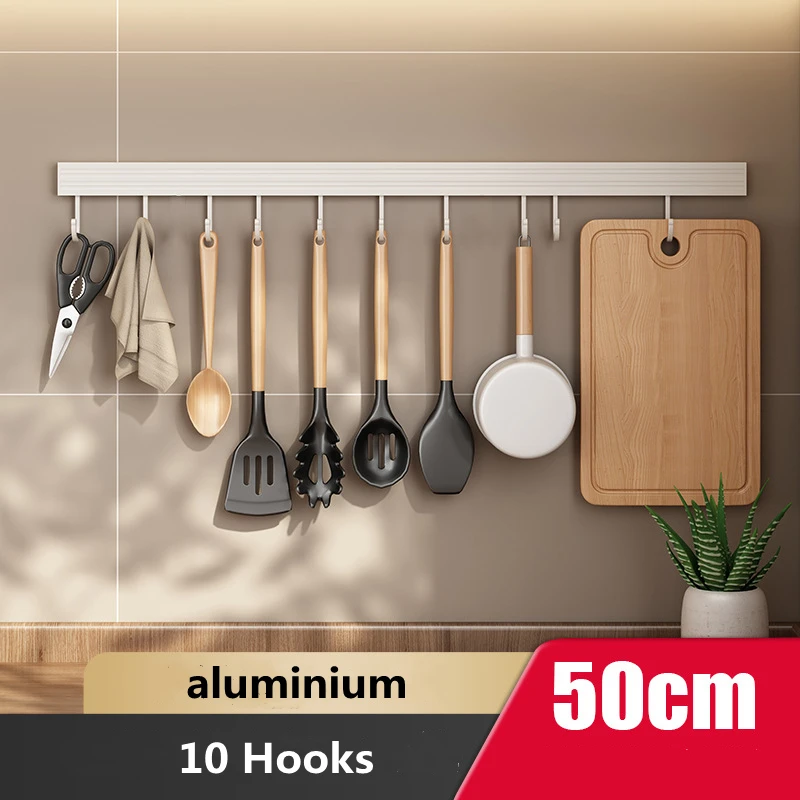 Wall Mounted Kitchen Hook Rack No-Punching Wall Hangers Rail Kitchen Utensils Rack Spoon Shovel Chopping Board Storage Rack