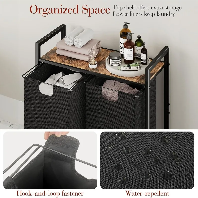 Laundry Basket Organizer, Laundry Hamper with Shelf & 2 Pull-Out Removable Bags, Dirty Clothes Hamper Organizer