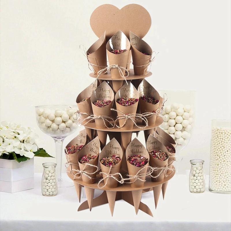 Wedding Confetti Cone Holder Support Rustic Wedding Decor Kraft Paper Confetti Cones Stand Tray Wedding Party Favor Supplies