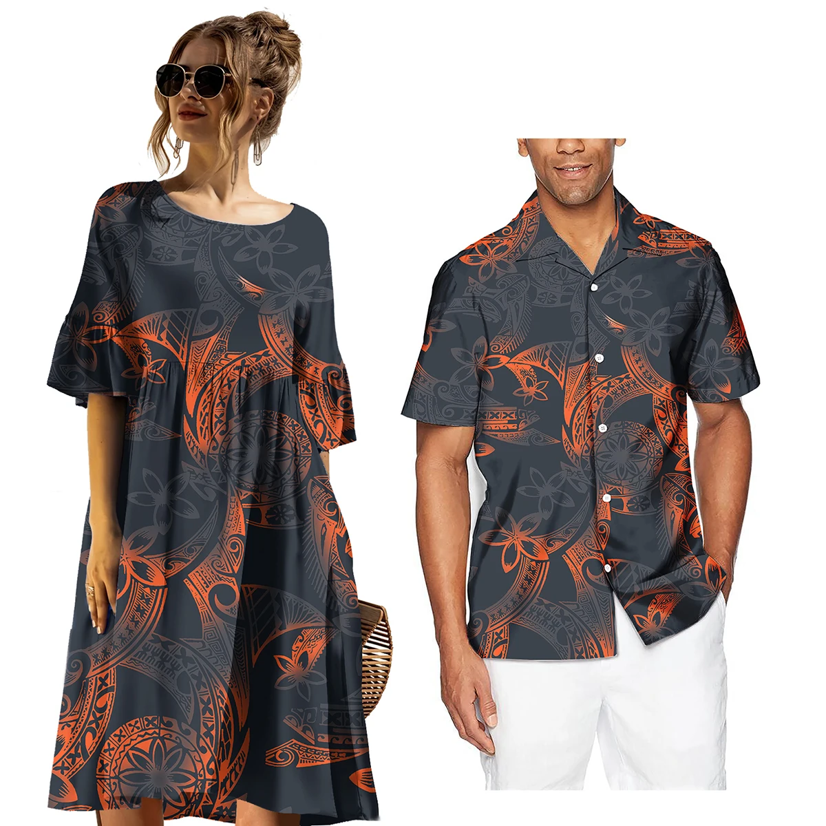 Plus Size Custom Matching Couple Outfits Pacific Island Tribal Casual Women's Dress And Aloha Shirts Men Polynesian Couple Sets