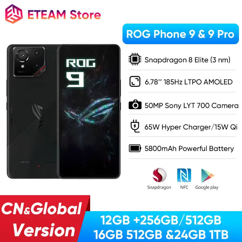 ROG Phone 9 & 9 Pro 5G Gaming Phone Snapdragon 8 Elite 6.78'' 185Hz E-Sports LTPO Display 50MP LYT 700 Camera 5800mAh NFC Mobile