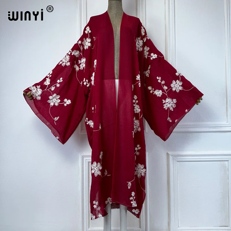 Winyi Jurk Pruimenbloesem Geborduurd Vest Strandkleding Zwempak Cover Up Boho Mode Elegante Sexy Vakantie Lange Mouw Kimono