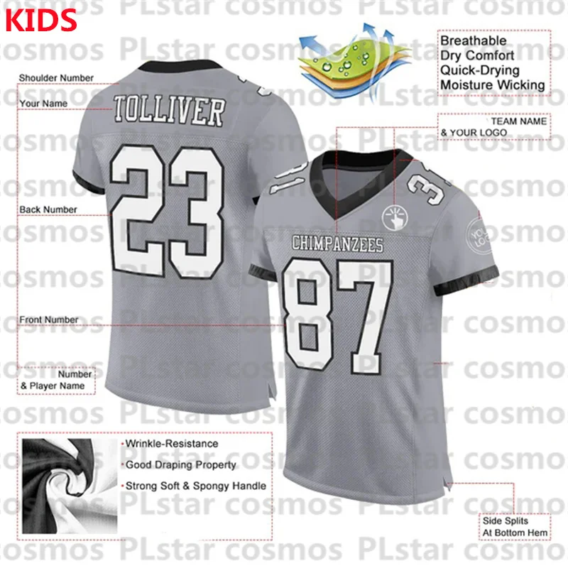 Custom Gray White-Black Mesh Authentic Football Jersey 3D Printed Kids Football Jersey Boys Tops Girl Tees