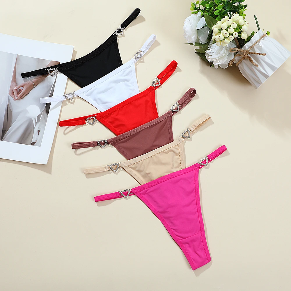 Tanga de Moda para Mujer, Tanga de Tiro Bajo con Decoración de Corazón y Pedrería, Lencería Sexy para Mujer