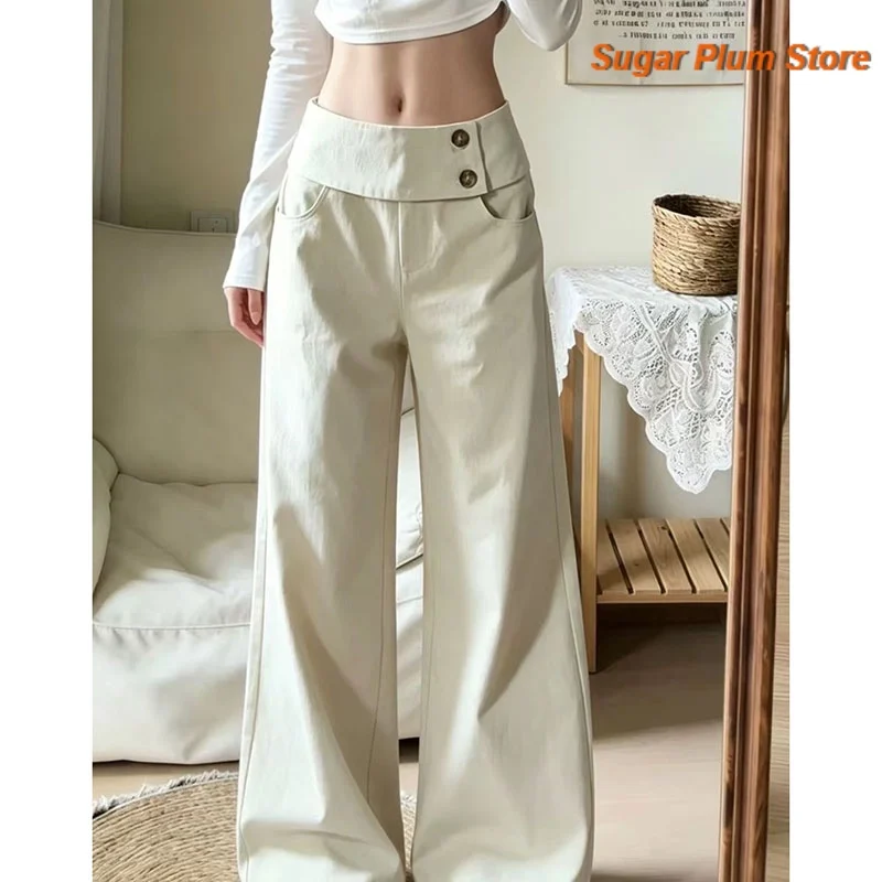 Korean Solid Color Diagonal Waist Double Buckle High Waist Wide-leg Pants Female Asymmetric Waist Loose Vertical Slim Pants