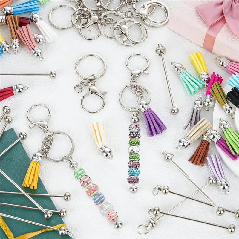 AB06 32 Pcs Beadable Keychains Bars, Silver Beadable Keychains Bars Bulk Blank For Keychain Making And 36Pcs Colorful Tassel